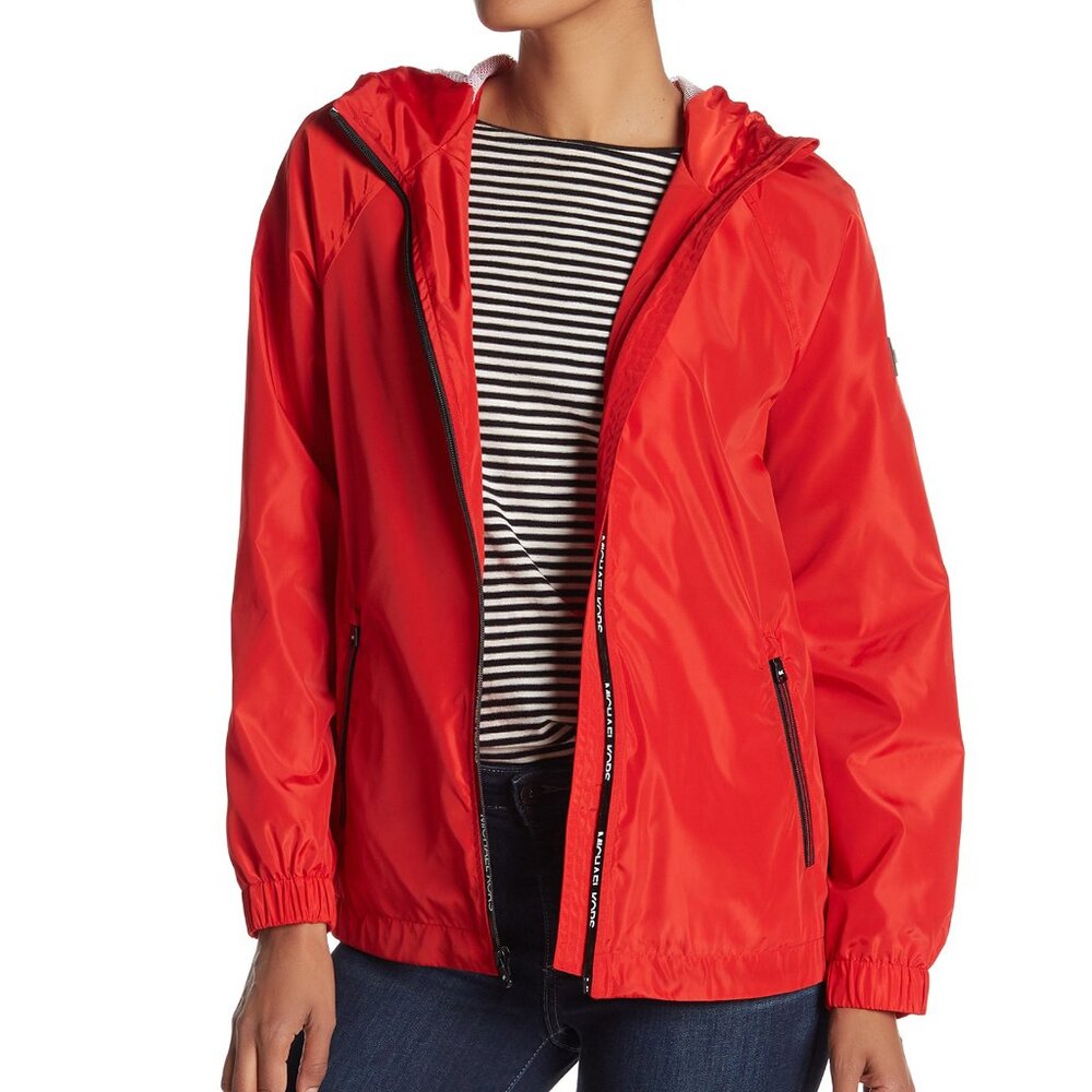 MICHAEL KORS Windbreaker Hooded Full Zip Lightweight Red Coat Jacket